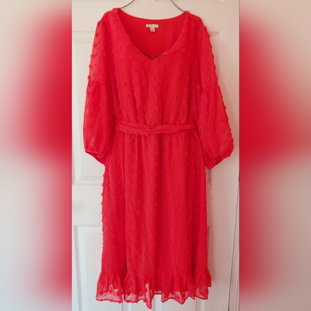 C EST.1946 Coral Textured Chiffon Long Sleeve Midi Chuch Dress Plus Size 18/20w